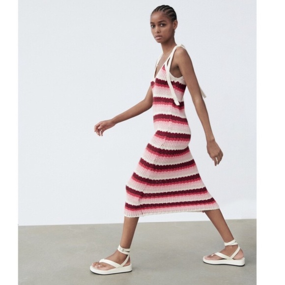 NWT Zara Striped Crochet Sleeveless Knit Midi Dress Cream/Pink/Maroon Size Small - Picture 6 of 14